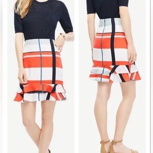 Ann Taylor Picnic Striped Linen Skirt w/Flounce Hem Ivory & Red Orange Sz 8